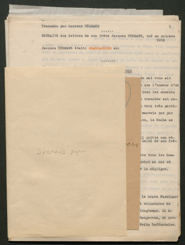 Témoignage de Dykmans, Jacques (Aumônier Brancardier) et correspondance avec Jacques Péricard