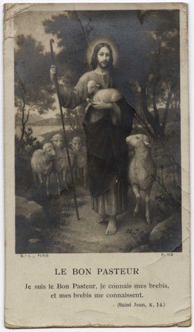 Le Bon Pasteur (Saint Jean, X, 14). Souvenir de ma première communion faite en l'église Saint-Jacques de Dieppe le 25 mai 1910. Bernard Potts