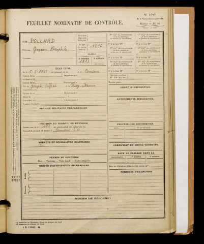 Pollard, Gaston Théophile, né le 05 mai 1893 à Amiens (Somme), classe 1913, matricule n° 1210, Bureau de recrutement d'Amiens