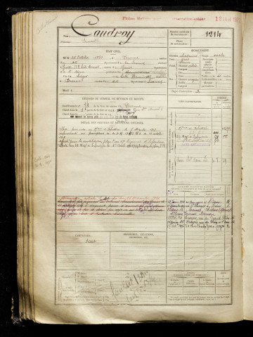 Caudroy, Ernest, né le 28 octobre 1897 à Péronne (Somme), classe 1917, matricule n° 1214, Bureau de recrutement de Péronne
