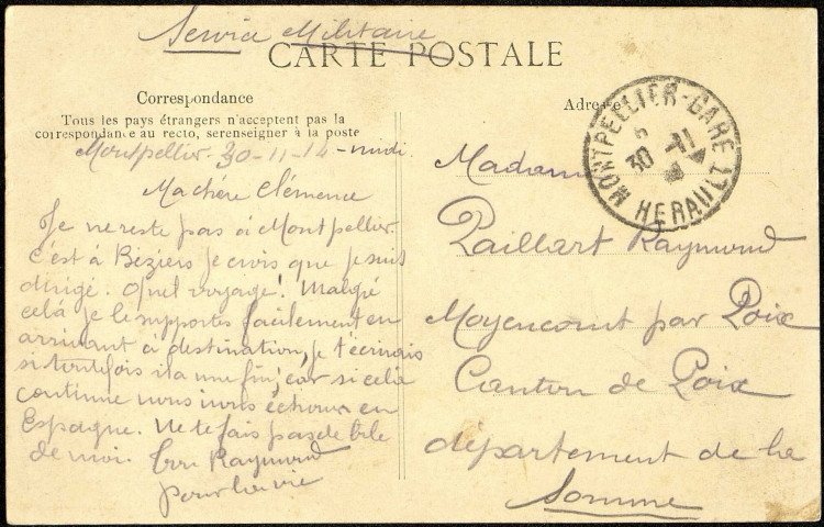 Carte postale intitulée "Montpellier. Préfecture (1870). Poste (1884)". Correspondance de Raymond Paillart à sa femme Clémence