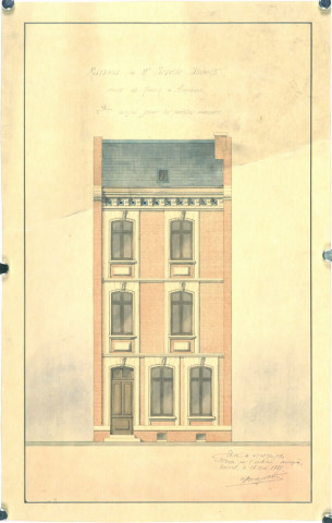 Propriété de M. Sevette, route de Rouen : plan en élévation de la façade principale dressé par l'architecte Paul Delefortrie