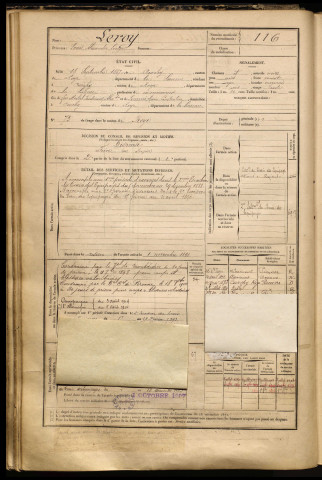 Leroy, Louis Alexandre Léon, né le 18 septembre 1867 à Curchy (Somme), classe 1887, matricule n° 116, Bureau de recrutement de Péronne