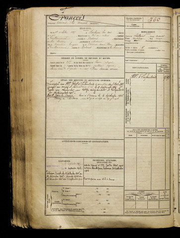 François, Edouard Félix Fernand, né le 12 octobre 1895 à Boulogne-sur-Mer (Pas-de-Calais), classe 1915, matricule n° 760, Bureau de recrutement de Péronne