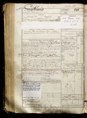 Guillemin, Paul Charles Henri Joseph, né le 21 décembre 1896 à Tourcoing (Nord), classe 1916, matricule n° 696, Bureau de recrutement de Péronne