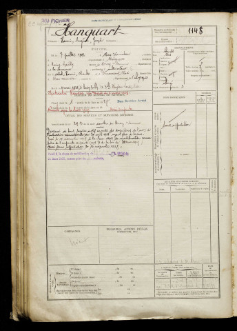 Hanquart, Henri Eugène Joseph, né le 07 juillet 1892 à Comines-Warneton (Belgique), classe 1912, matricule n° 1148, Bureau de recrutement de Péronne