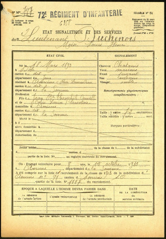 Duchenois, Moïse Louis Henri, né le 18 mars 1893 à Dôle (Jura), classe 1913, matricule n° 1117, Bureau de recrutement d'Amiens