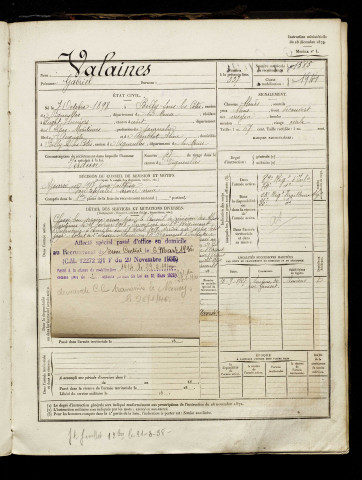 Valaines, Gabriel, né le 07 octobre 1898 à Vigneulles-lès-Hattonchâtel (Meuse), classe 1918, matricule n° 1585, Bureau de recrutement d'Amiens