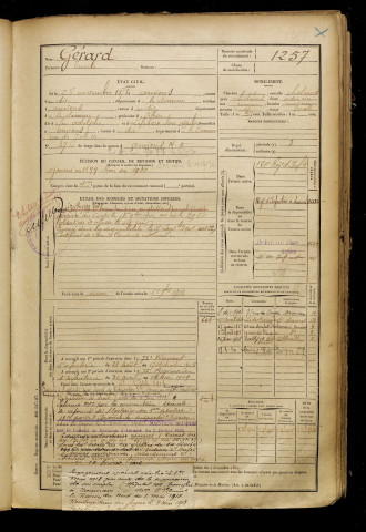 Gérard, Emile, né le 28 novembre 1878 à Amiens (Somme), classe 1898, matricule n° 1257, Bureau de recrutement d'Amiens