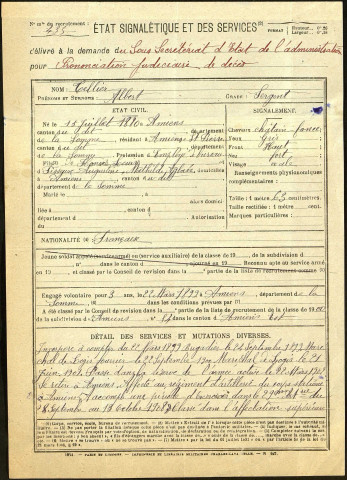 Tellier, Albert, né le 15 juillet 1880 à Amiens (Somme), classe 1900, matricule n° 435, Bureau de recrutement d'Amiens
