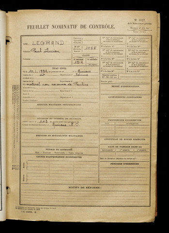 Legrand, Paul Lucien, né le 10 janvier 1892 à Amiens (Somme), classe 1912, matricule n° 1055, Bureau de recrutement d'Amiens