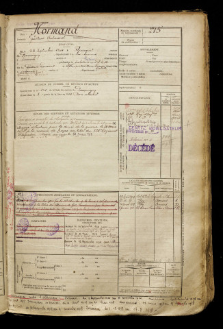 Normand, Gustave Edmond, né le 25 septembre 1894 à Flixecourt (Somme), classe 1914, matricule n° 215, Bureau de recrutement d'Amiens