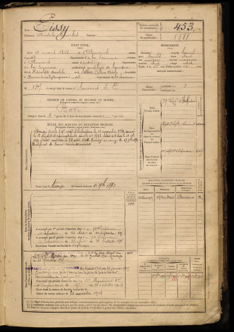 Pissy, Anatole Charles, né le 12 mars 1868 à Amiens (Somme), classe 1888, matricule n° 453, Bureau de recrutement d'Amiens