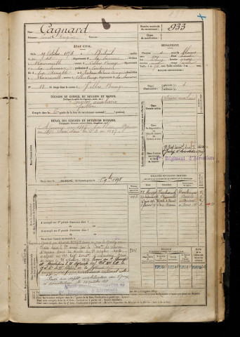 Cagnard, Louis Eugène, né le 19 octobre 1874 à Breteuil (Oise), classe 1894, matricule n° 933, Bureau de recrutement d'Amiens