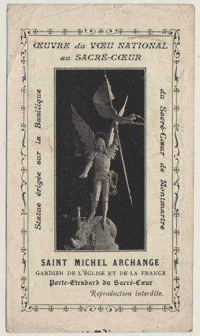 L'oeuvre du Voeu National au Sacré-Coeur. L'Archange Saint Michel, gardien de l'église de France, porte-étendard du Sacré-Coeur. Prière pour l'Église et la France