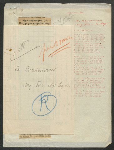 Témoignage de Coosemans, A. (Sergent fourrier) et correspondance avec Jacques Péricard