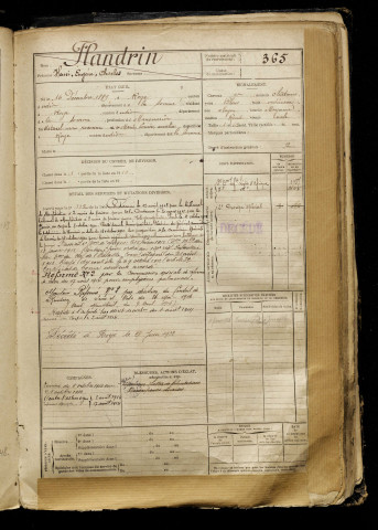 Flandrin, Henri Eugène Charles, né le 16 décembre 1889 à Roye (Somme), classe 1909, matricule n° 365, Bureau de recrutement de Péronne
