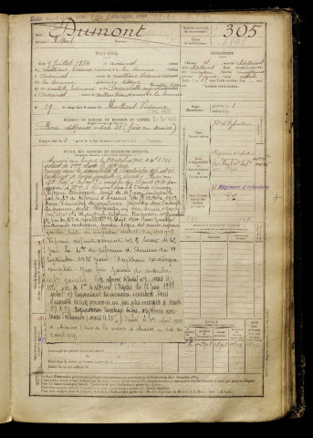 Dumont, Albert, né le 09 juillet 1884 à Airaines (Somme), classe 1904, matricule n° 305, Bureau de recrutement d'Amiens