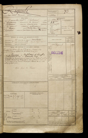 Rigault, Louis Etienne Fernand, né le 07 novembre 1892 à Rubescourt (Somme), classe 1912, matricule n° 73, Bureau de recrutement de Péronne