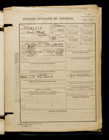 Delaigle, Emile Albert Eugène, né le 01 octobre 1890 à Ronssoy (Somme), classe 1910, matricule n° 1107, Bureau de recrutement de Péronne