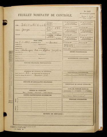 Decourcelle, Georges, né le 05 février 1893 à Amiens (Somme), classe 1913, matricule n° 875, Bureau de recrutement d'Amiens