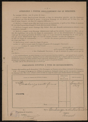 Péronne. Demande d'indemnisation des dommages de guerre : dossier Basset