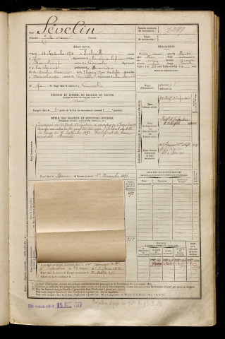 Sévelin, Jules Oscar, né le 13 septembre 1874 à Incheville (Seine-Maritime), classe 1894, matricule n° 1287, Bureau de recrutement d'Abbeville