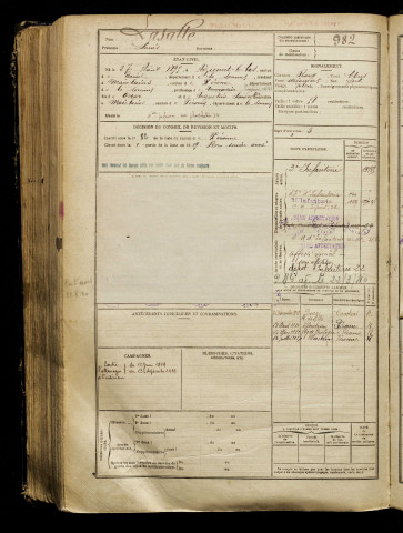 Lasalle, Louis, né le 27 août 1895 à Aizecourt-le-Bas (Somme), classe 1915, matricule n° 982, Bureau de recrutement de Péronne