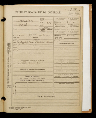 Mollien, Marcel, né le 09 juillet 1893 à Amiens (Somme), classe 1913, matricule n° 984, Bureau de recrutement d'Amiens