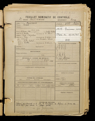 Pouchain, Fernand, né le 26 janvier 1898 à Sailly-Saillisel (Somme), classe 1918, matricule n° 422, Bureau de recrutement de Péronne