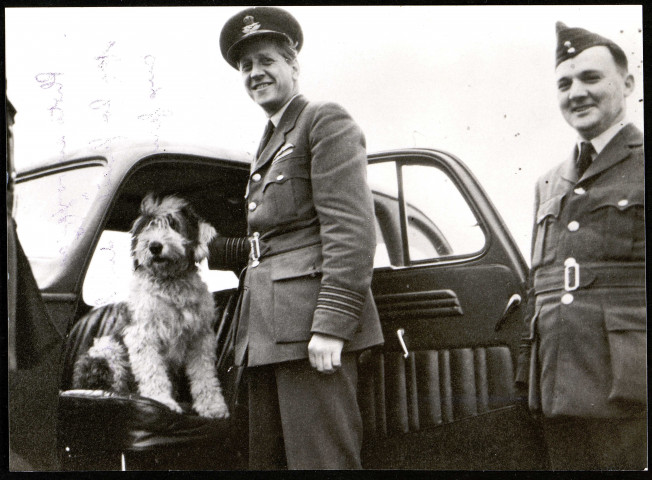 Le capitaine Percy Charles Pickard avec son chien de berger "Ming", photographié alors qu'il se reposait à Lissett dans le Yorkshire