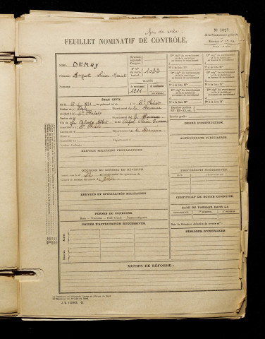 Demay, Auguste Lucien Marcel, né le 15 juin 1891 à Saint-Christ-Briost (Somme), classe 1911, matricule n° 1032, Bureau de recrutement de Péronne