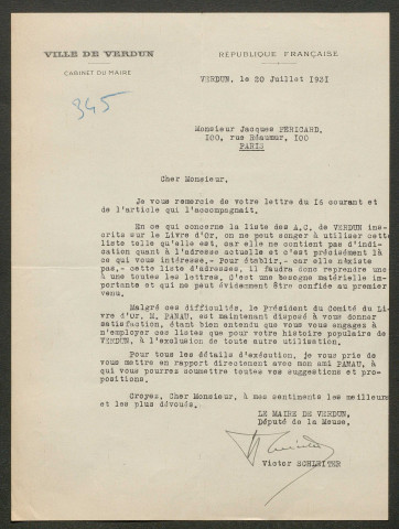 Témoignage de Schleiter (Député, maire de Verdun) et correspondance avec Jacques Péricard