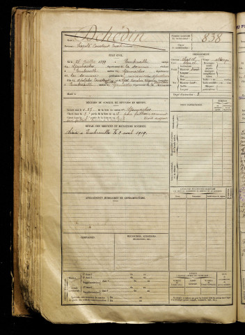 Dehédin, Léopold Constant Eusèbe, né le 26 juillet 1899 à Embreville (Somme), classe 1919, matricule n° 838, Bureau de recrutement d'Abbeville