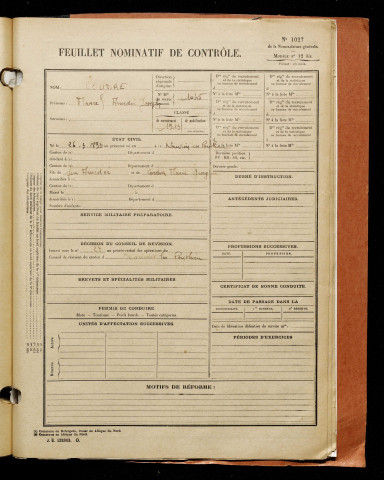 Coudre, Marcel Amédée Joseph, né le 26 mars 1893 à Nouvion (Somme), classe 1913, matricule n° 1045, Bureau de recrutement d'Abbeville