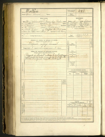 Mathon, Rémus Edmond, né le 24 octobre 1862 à Buire-sous-Corbie (Somme, France), classe 1882, matricule n° 493, Bureau de recrutement de Péronne