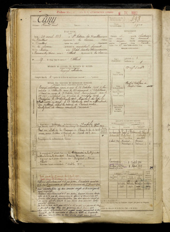 Cuny, Henri Paul, né le 24 avril 1883 à Doullens (Somme), classe 1903, matricule n° 598, Bureau de recrutement de Péronne