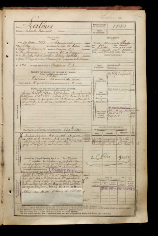 Laloux, Charles François, né le 14 mars 1873 à Cagnicourt (Pas-de-Calais), classe 1893, matricule n° 1123, Bureau de recrutement d'Amiens