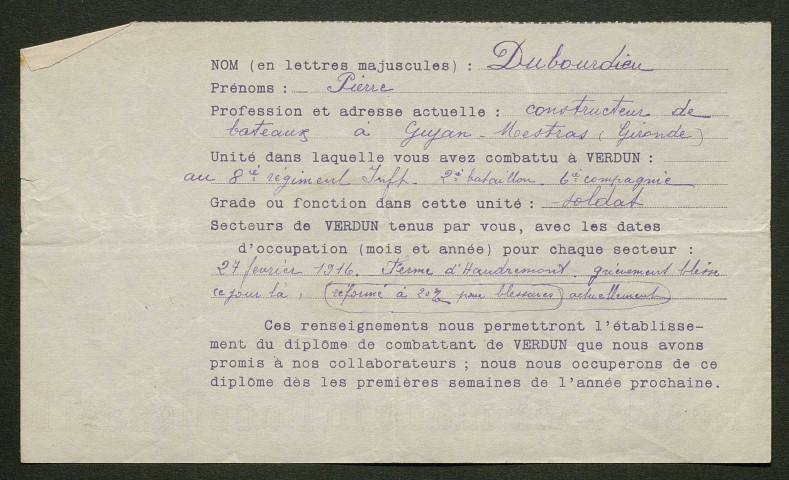 Témoignage de Dubourdieu, Pierre et correspondance avec Jacques Péricard