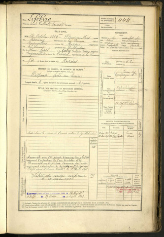 Lefebvre, Emile Callixte Ernest, né le 14 octobre 1862 à Bayonvillers (Somme, France), classe 1882, matricule n° 444, Bureau de recrutement de Péronne