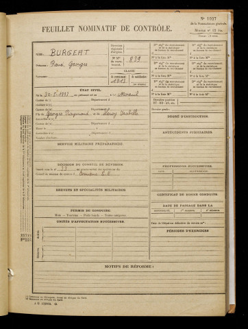 Burgeat, René Georges, né le 30 mai 1893 à Moreuil (Somme), classe 1913, matricule n° 839, Bureau de recrutement d'Amiens