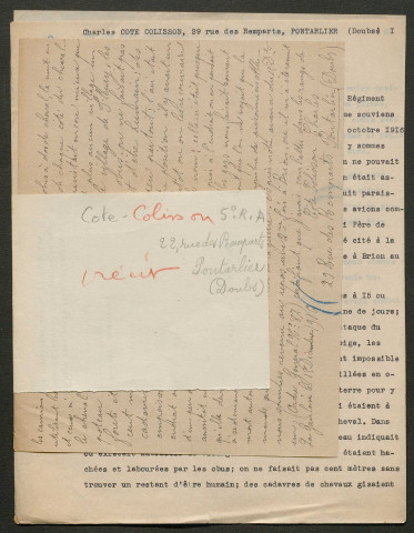 Témoignage de Cote Colisson, Charles et correspondance avec Jacques Péricard