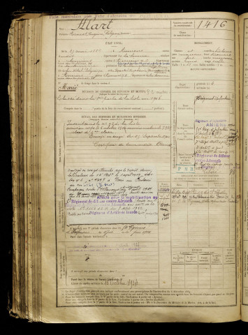 Alart, Ernest Eugène Polycarpe, né le 27 mai 1885 à Amiens (Somme), classe 1905, matricule n° 1416, Bureau de recrutement d'Amiens