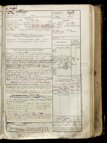 Pottier, Louis Albert Clovis, né le 09 mars 1896 à Grivillers (Somme), classe 1916, matricule n° 693, Bureau de recrutement de Péronne