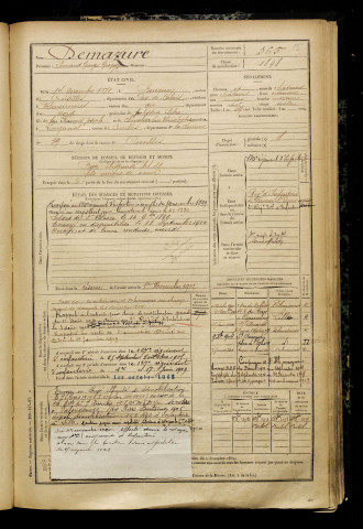 Demazure, Fernand Georges Grégoire, né le 14 novembre 1878 à Bucquoy (Pas-de-Calais), classe 1898, matricule n° 365, Bureau de recrutement de Péronne