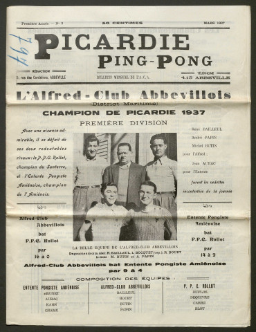 Picardie Ping-Pong. Bulletin mensuel de l'Alfred-Club Abbevillois, numéro 3 - 1ère année