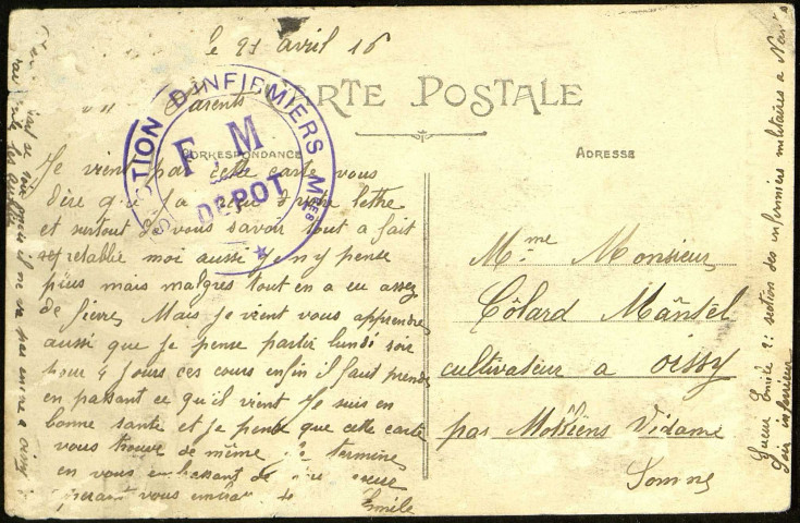 Carte postale "Nantes - Eglise Saint-Louis ou Notre-Dame de Bon-Port" adressée par Emile Sueur (1886-1948) à M. et Mme Colard-Mantel, cultivateurs à Oissy (Somme)