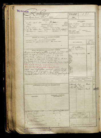 Rubigny, Raymond Marcel Arthur, né le 12 août 1900 à Herbécourt (Somme), classe 1920, matricule n° 180, Bureau de recrutement de Péronne