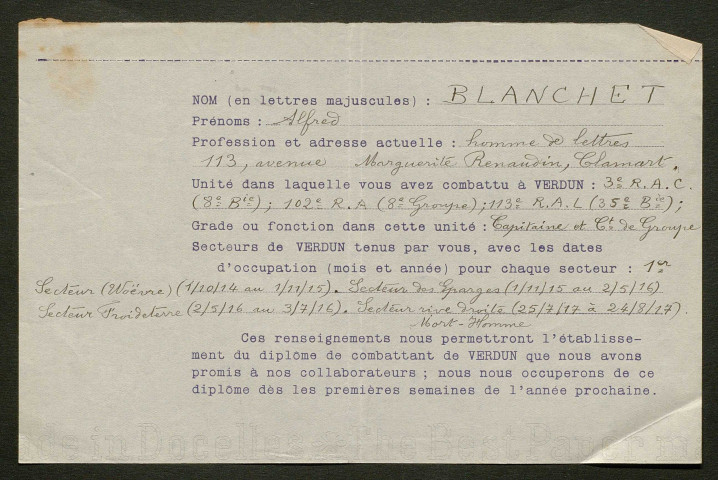 Témoignage de Blanchet, Alfred et correspondance avec Jacques Péricard