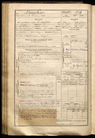 Boucher, Bernard Désiré, né le 20 août 1874 à Balâtre (Somme), classe 1894, matricule n° 218, Bureau de recrutement de Péronne